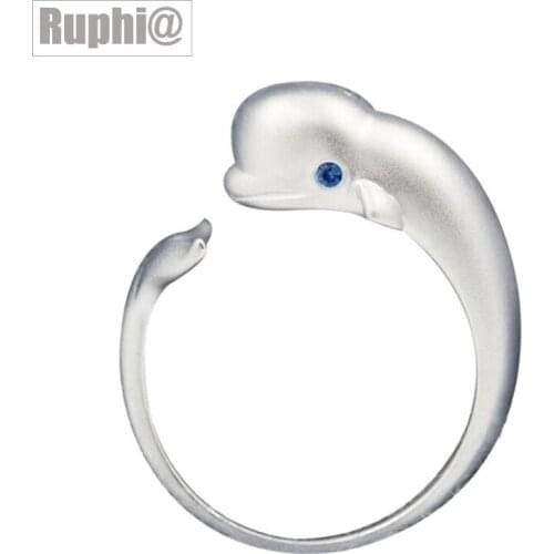 Adjustable Open Fog Silver Cute Dolphin Wedding Engagement Finger Ring Girls Blue Zircon Stone Sea Animal Whale Party Ring