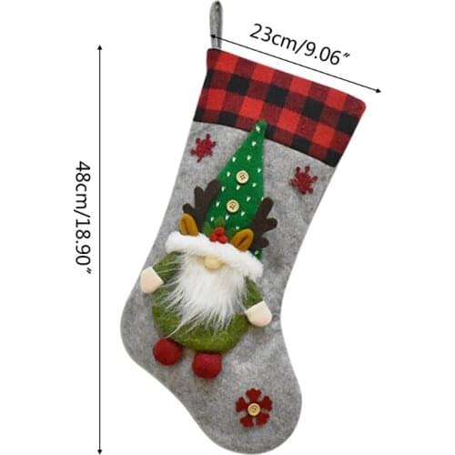 M17D Christmas Stocking 19 Inch Xmas Stockings Grid Cloth 3D Gnome Gift Bag for Tree