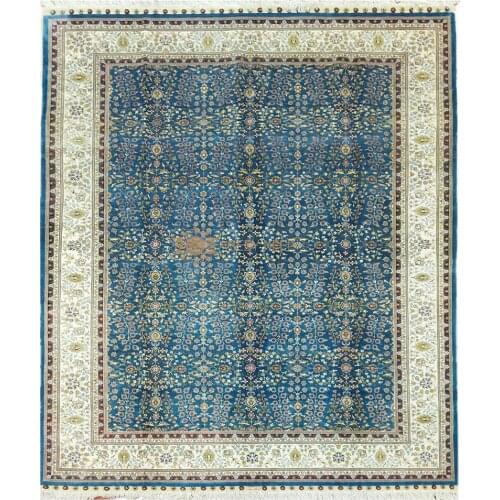 Seeykeep™ 7x10ft Elegant Azure Pure Silk Handknotted Oriental Traditional Persian Rug uses Vine and Floral Motifs-SK3036088