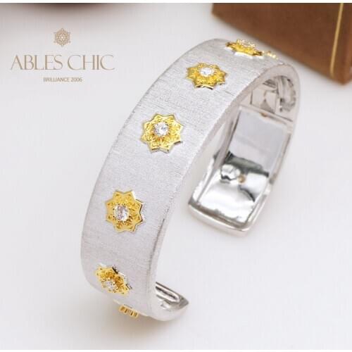 Sterling Silver Golden Fretwork Lace Flowers Wide Hinged Bracelet Paved CZ Tradition Renaissance Fine Wedding Bangle C11B2S25206