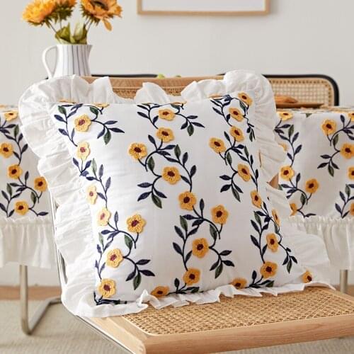 Nordic Ins Cotton Ruffled Cushion Cover Embroidery Floral Decorative Pillow Without Core Living Room Sofa Cushion Pillowcase