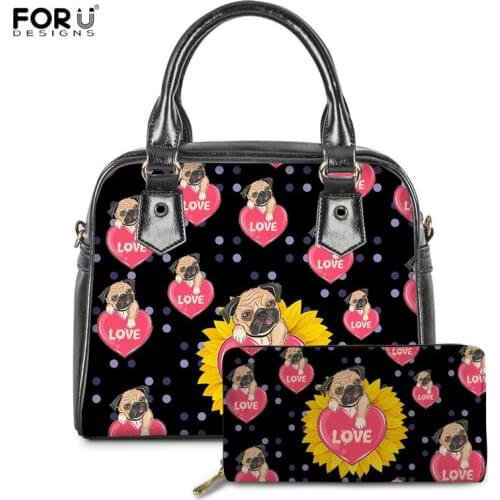 FORUDESIGNS Lovely Cartoon Pug Dog and Love Print Shoulder Bags for Women Luxury Ladies Large Handbag And Purse Set Bolsa Femme