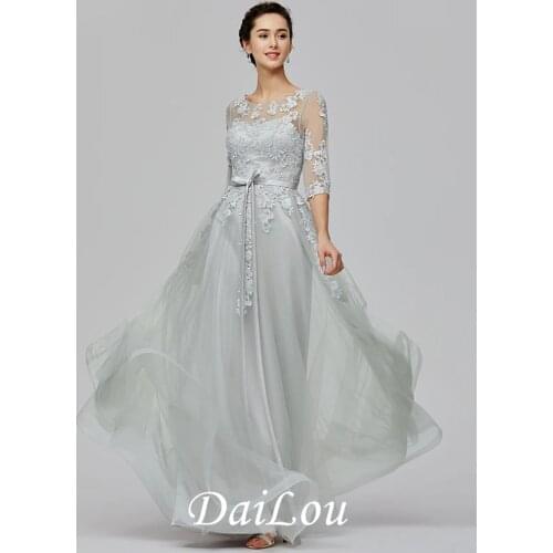 A-Line Empire Wedding Guest Prom Dress Illusion Neck Half Sleeve Floor Length Tulle Sheer Lace with Bow(s) Appliques 2021