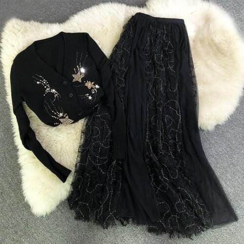 Heavy fairy skirt New line black velvet beads yarn long pleated skirts female ins super fire of tall waist net veil