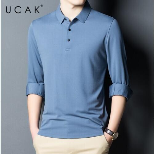 UCAK Brand New Fashion Solid Color Casual Silk T Shirt Men Clothes Spring Autumn Streetwear Turn-down Collar Tshirt Homme U5362