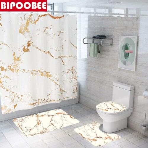 3D Marble Print Shower Curtain Fabric Polyester Irregular Stripes Bathroom Curtains Non-Slip Rug Toilet Seat Cover Bath Mat Set