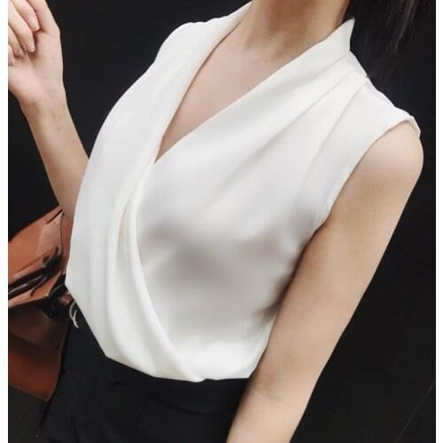 Satin pleated V-neck shirt commuter OL temperament vest simple sleeveless shirt women crop tops women 2020 Tops