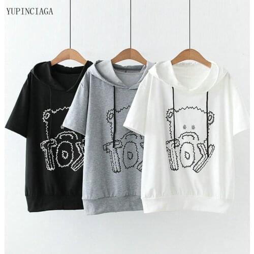 2021 Summer New Womens Harajuku Sweatshirt Female Casual Cute Bear Printing Hoodie Short Sleeve Pullovers Tracksuit