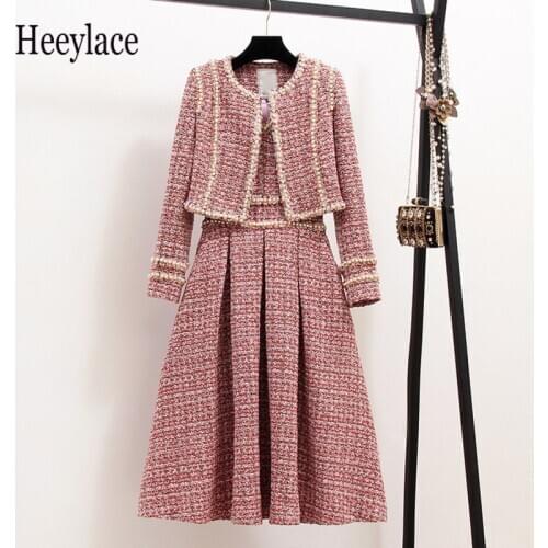 Women autumn winter tweed 2 Piece Sets for women pearl beading Short Jacket Coat+Beading Vest Dress suits french vintage set