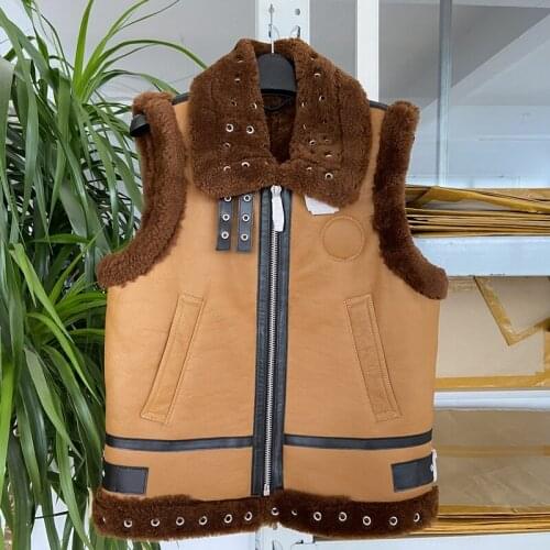 GU.SEEMIO Womens Sheep Shearling Lambskin Vest Ladys Warm Jacket Original Female Fur Double Faced Fur Waistcoat