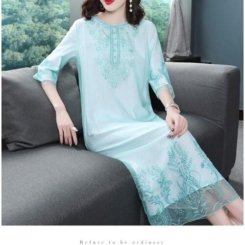 New summer original design long section Chinese style Embroidered big size loosen retro stand collar organza dress for women