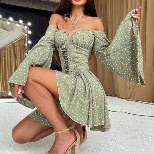 Print Halter Flare Sleeve Dress Sexy Bodycon Fashion Lace Up Mini Dresses 2021 Summer Off Shoulder Casual Zipper Dress Women