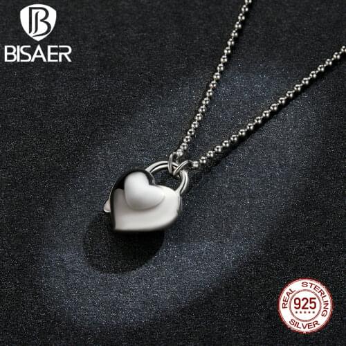 BISAER Heart lock Necklace For Women 925 Sterling Silver Plated Platinum Luxury Brand Fashion Jewelry Accessories Mode EFN227