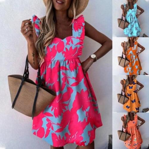 Women Dress Leopard Butterflies Print Ruffles Summer Sleeveless Square Neck Large Hem Sundress Dress Sexy Short A Line for Party