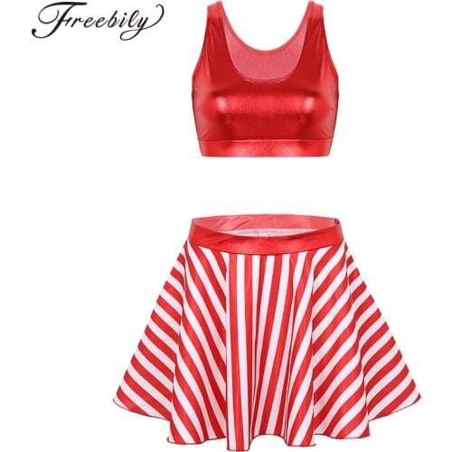 Women Christmas Fancy Dress Sleeveless Shiny Metallic Crop Tops + Circle Striped Skirt Set Stage Performance Jazz Dance Costume