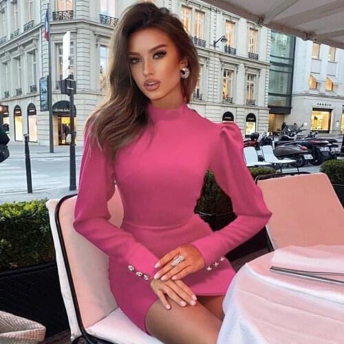 High Quality Women Winter Sexy Long Sleeve Turtleneck Hot Pink Mini Bandage Dress 2020 Elegant Evening Party Dress Vestidos