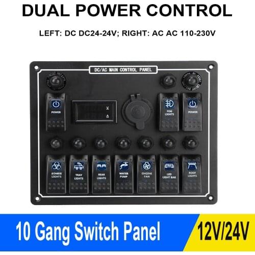 15A DC Output Car Auto Marine Waterproof 10 Gang LED AC/DC Dual Power Control Rocker Switch Panel Overload Protection