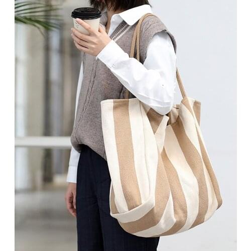 2021 simple retro handbag net red small fresh stripe canvas womens bag leisure literature large capacity single shoulder bag