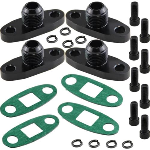 4 Pcs Turbo Oil Drain Outlet Flange Gasket Adapter Kit 10AN Male Fitting T3 T4 Black/Silver