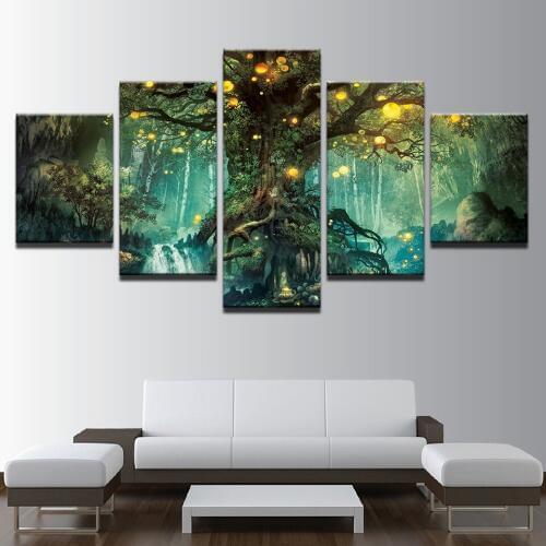 Abstract HD Printed Paintings Canvas Wall Art 5 Pieces Forest Enchanted Tree Scenery Vintage Pictures For Living Room Home Decor