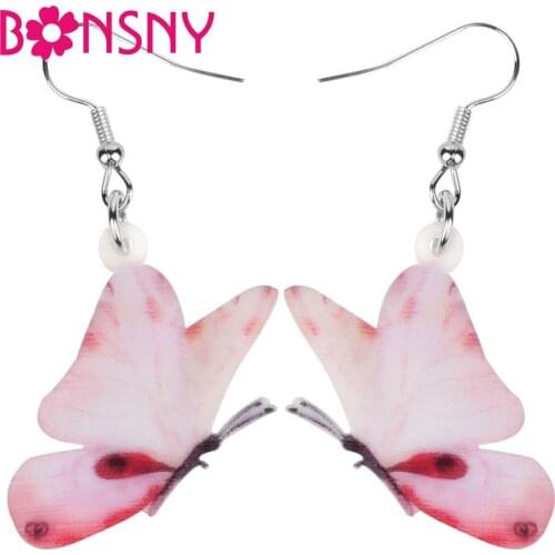 Bonsny Acrylic Pink Butterfly Earrings Funny Insect Animal Dangle Drop Jewelry For Women Kids Girl Spring Summer Gift Decoration