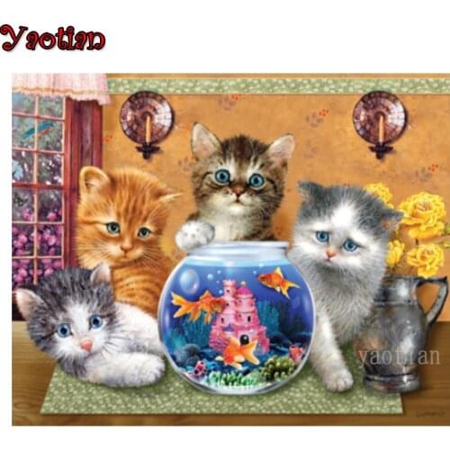 5D Full Square Round Drill DIY Diamond Painting Cute Kitten Diamond Embroidery Cat Fish Cross Stitch Kit Mosaic Home Decor Gift