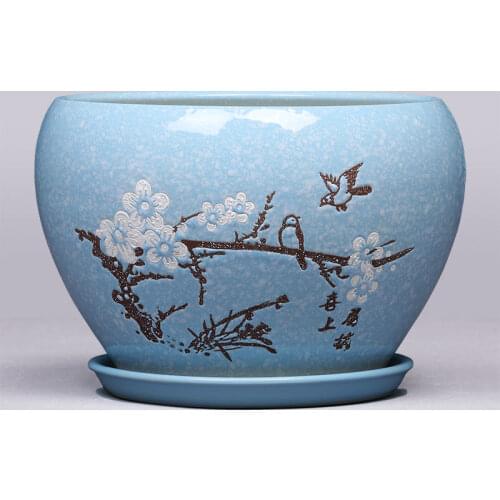 Large Ceramic Flower Pot Creative Chinese Style Green Plant Pot Orchid Bonsai Pot Balcony indoor Succulent Pot with Tray