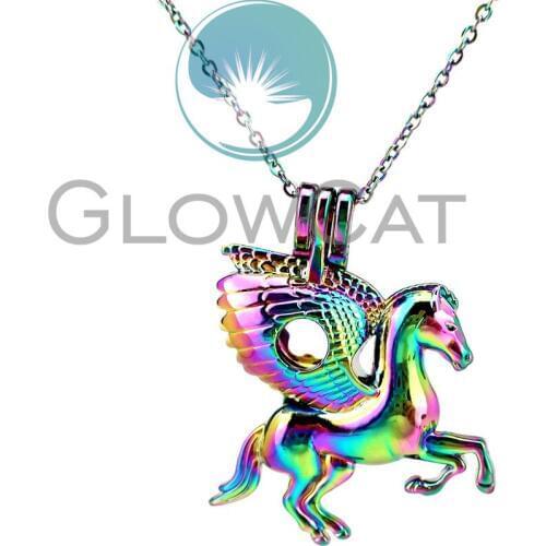 CC843 Rainbow Colors Horse Pegasus Beads Cage Pendant Aromatherapy Essential Oil Diffuser Pearl Cage Locket Necklace