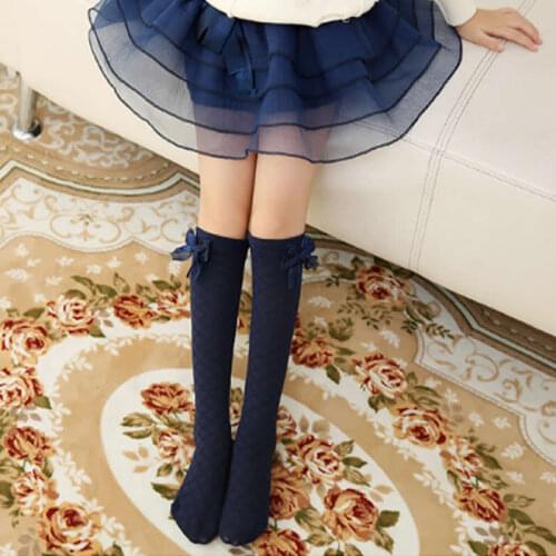 Kids tube socks rhombus lattice socks cotton lace bow knot thin cotton knee high above long girl princess sock