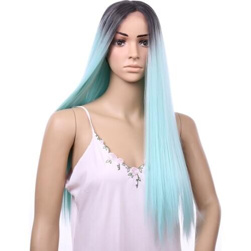 Long Ombre Green Straight Synthetic Lace Front Wigs For Women Black Middle Part 26inch Cosplay Wigs Anime Costumes Heat Resistan