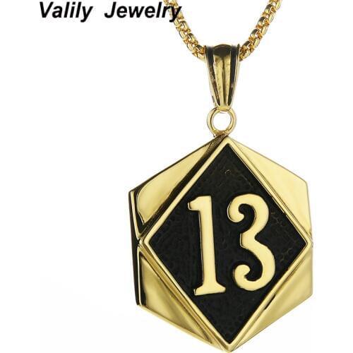 EdgLifU Mens Gold Lucky Number 13 Tag Pendant Stainless Steel Vintage Polished Biker Necklace for Men with 23"Box Chain