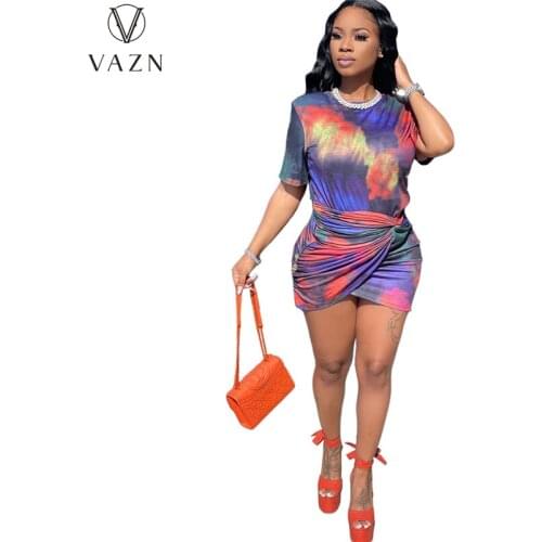 VAZN 2021 Hot Retro Young Little Chap Sexy Daily Short Sleeve Top High Waist Mini Skirts Skinny Women 2 Piece Set