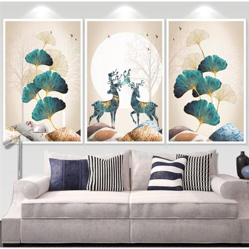 Green Ginkgo Leaf Canvas Painting Nordic Wall Art Deer Plant Modern Home Decor Poster and Print for Living Room Backdrop Design