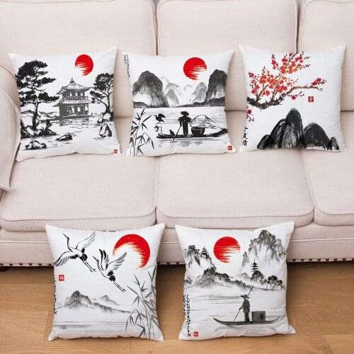 Classical Ink Scenic Print Cushion Cover Super Soft Short Plush Pillow Covers 45*45 Throw Pillows Cases Home Decor Pillowcase