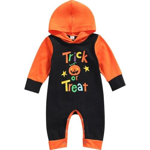 0-12M Newborn Baby Boy Girl Long Sleeve Pumpkin Print Hooded Romper Jumpsuit Outfits Holiday Clothes