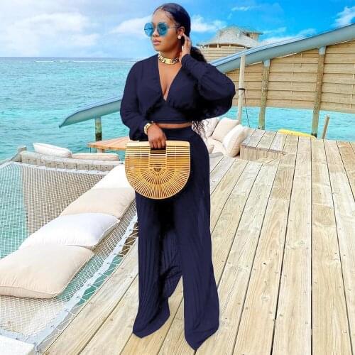 Korean Style Two Piece Pant Suit Tracksuit Women Deep V Neck Long Sleeve Crop Top and Pleated Wide Leg Trouser Autumn Clothing