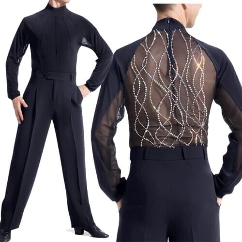 Latin Dance Costume Men Ballroom Dancing Competition Shirt Rhinestone Sexy Mesh Back Cha Cha Samba Tap Dance Clothing VDB2590