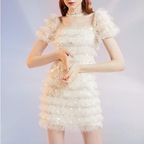 High Quality Sequins Sweet Cascading Ruffles Cake Birthday Luxury Mini Dress Women Summer Fashion Puff Sleeve Party Clothes