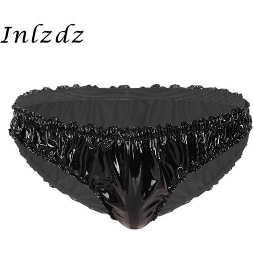 Mens Lingerie Sissy Panties Wet Look Patent Leather Lingerie Frilly Ruffled Low Rise High Cut Sissy Briefs Underwear Panties