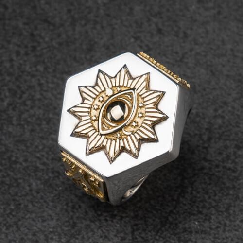 925 Silver Devil Eyes hexagon Masonic Ring For Men sterling silver Freemason Totem Jewelry hippop street culture mygrillz