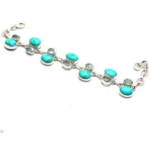 Genuine Mohave Turquoise + Blue Topaz Bracelet 925 Sterling Silver, 18 cm, GRP0358