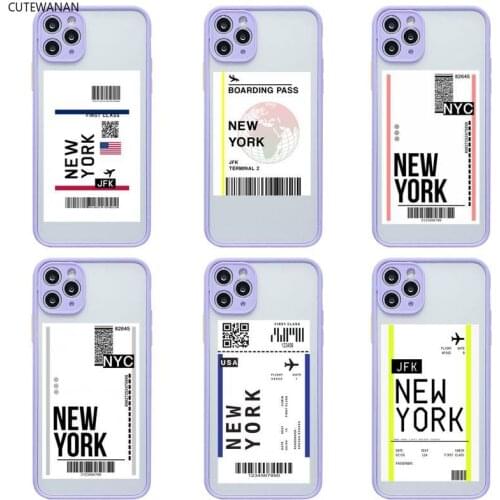 NEW YORK Travel Flight Tickets Phone Case For iphone 12 11 Pro Max Mini XS 8 7 Plus X SE 2020 XR Light purple Matte Transparent