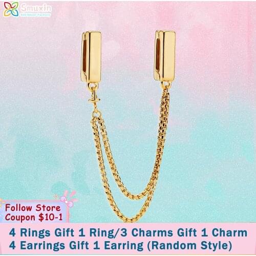 Smuxin 925 Sterling Silver Bead Golden Safety Chain Clip Charm fit Original Pandora Bracelets for Women Jewelry Making Girl Gift