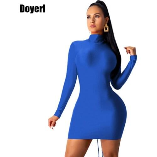 Autumn Winter Long Sleeve Turtlneck Sexy Bodycon Dress Women Slim Open Back Ruched Bandage Backless Mini Sheath Party Club Dress