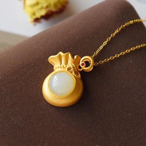 Natural Hetian white jade pith purse Shaped Pendant Necklace Chinese style retro minority design craft gold female brand jewelry