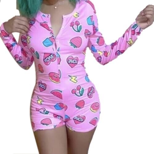 Sexy Women Onesies Underwear Playsuit Long Sleeve Button Deep V Neck Bodycon Stretch Leotard Short Romper Pajamas Overalls
