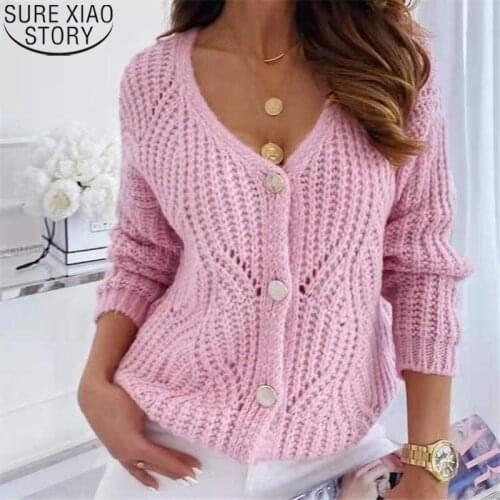 Casual Loose Knitted Cardigans Autumn Winter Vintage Sweater V-neck Hollow Out Long Sleeve Clothing Sweaters for Women 16873