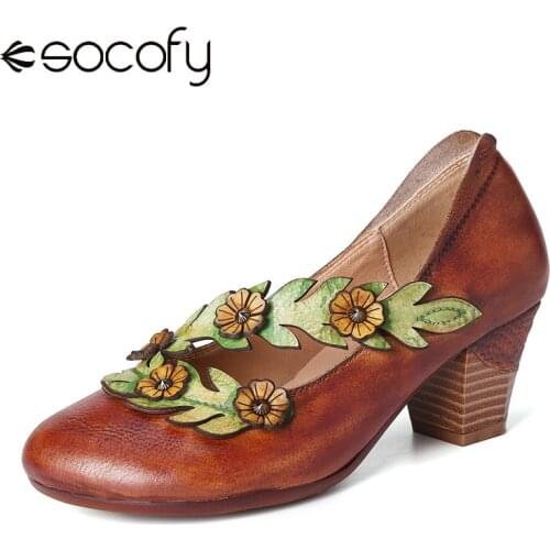 SOCOFY Retro Shallow Mouth Lovely Sunflower Vine Strap High Heel Round Leather Shoes Elegant Women Shoes Botas Mujer 2020