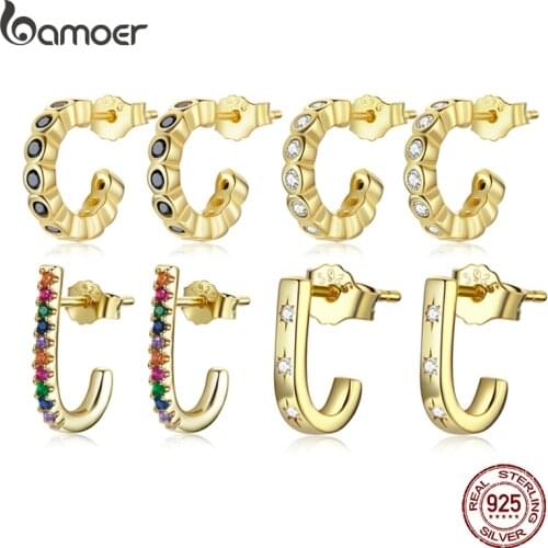 Bamoer Spanish Glod Rainbow Color Zircon Gold Color Simple Stud Earrings 925 Sterling Silver Ear Hoops Fashion Jewelry