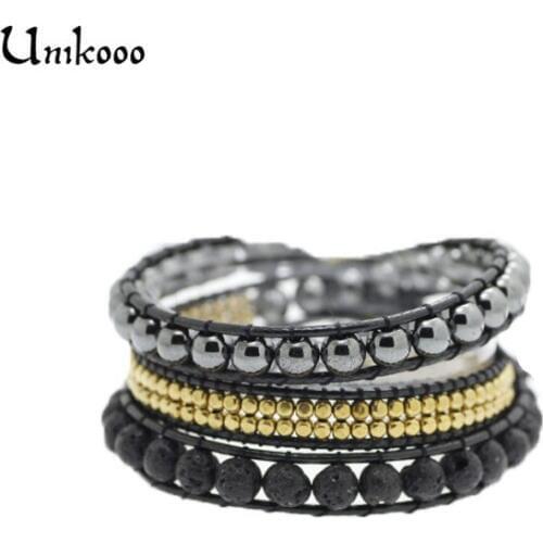 Women Wrap Copper Bracelet Black Hematite Natural Stone 3 Layer Wax / Leather Bracelet Wrap Beaded Bracelets Dropshipping